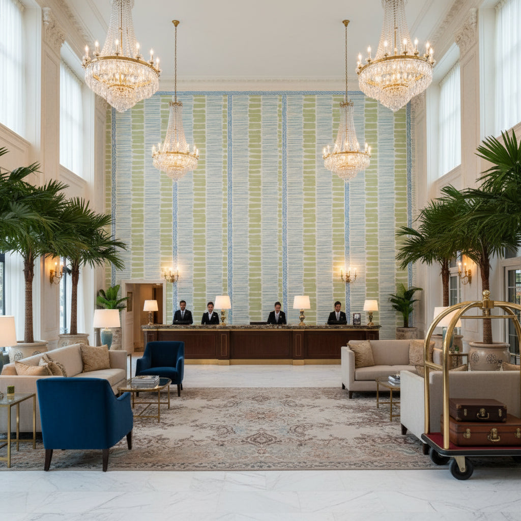 BFC-3624.315.0 | Kravet - Hotel Lobby Visualization (AI-generated, may not be to scale. Verify pattern scale with product specifications.)