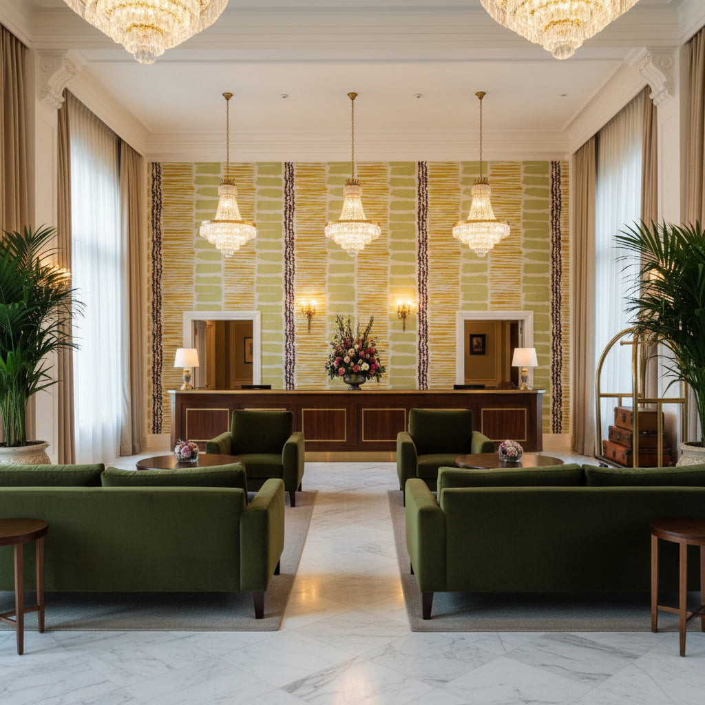 BFC-3624.34.0 | Kravet - Hotel Lobby Visualization (AI-generated, may not be to scale. Verify pattern scale with product specifications.)