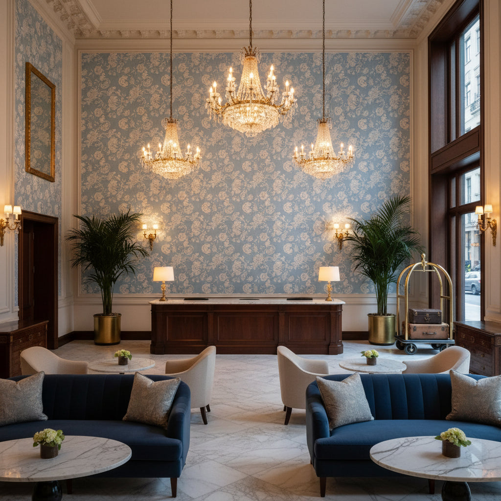 BFC-3682.51.0 | Kravet - Hotel Lobby Visualization (AI-generated, may not be to scale. Verify pattern scale with product specifications.)