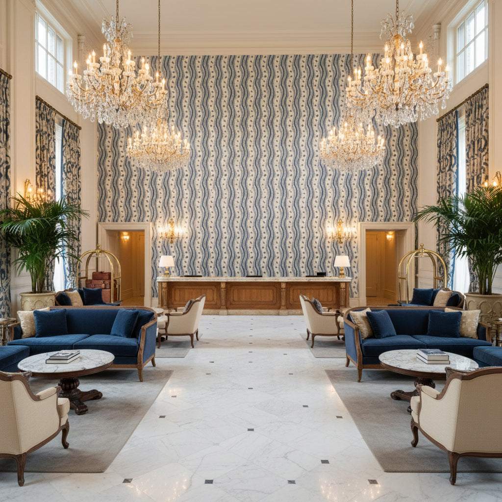 BFC-3687.155.0 | Kravet - Hotel Lobby Visualization (AI-generated, may not be to scale. Verify pattern scale with product specifications.)