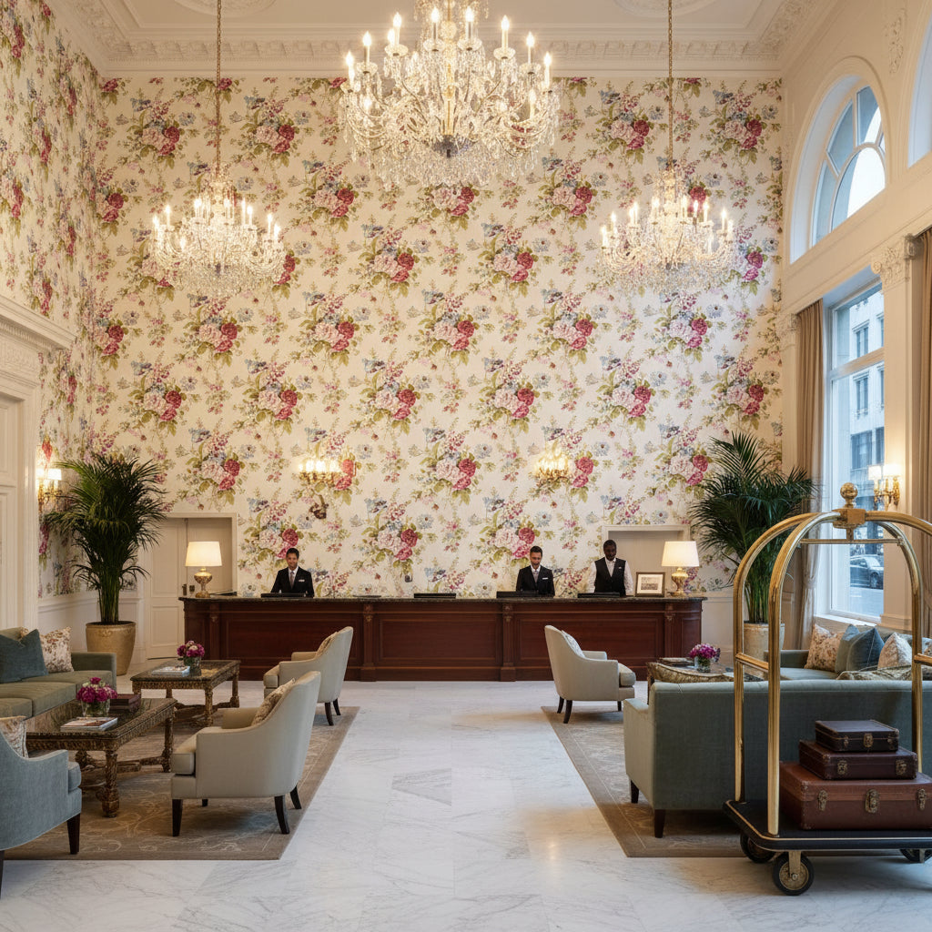 BFC-3690.73.0 | Kravet - Hotel Lobby Visualization (AI-generated, may not be to scale. Verify pattern scale with product specifications.)