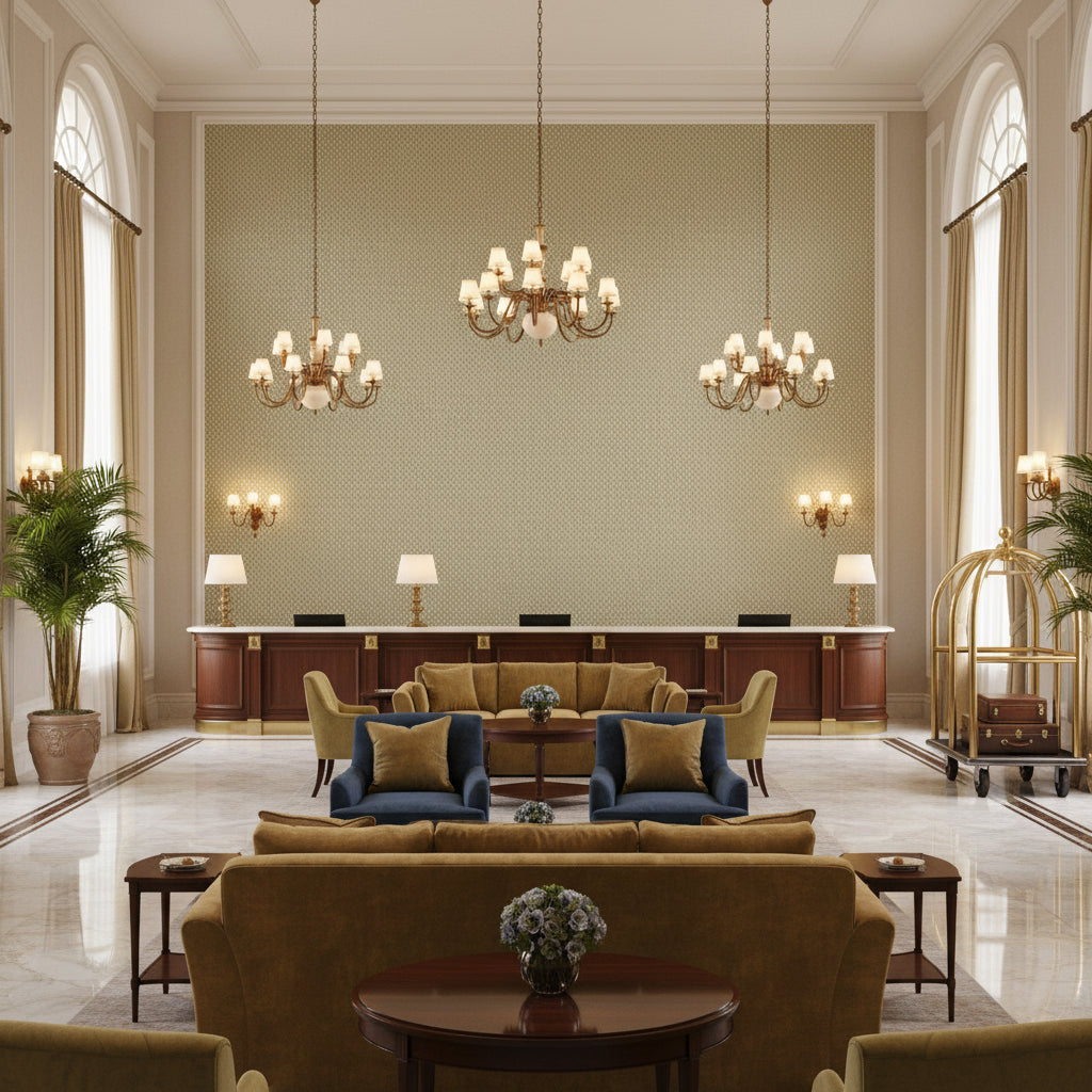 BFC-3692.123.0 | Kravet - Hotel Lobby Visualization (AI-generated, may not be to scale. Verify pattern scale with product specifications.)