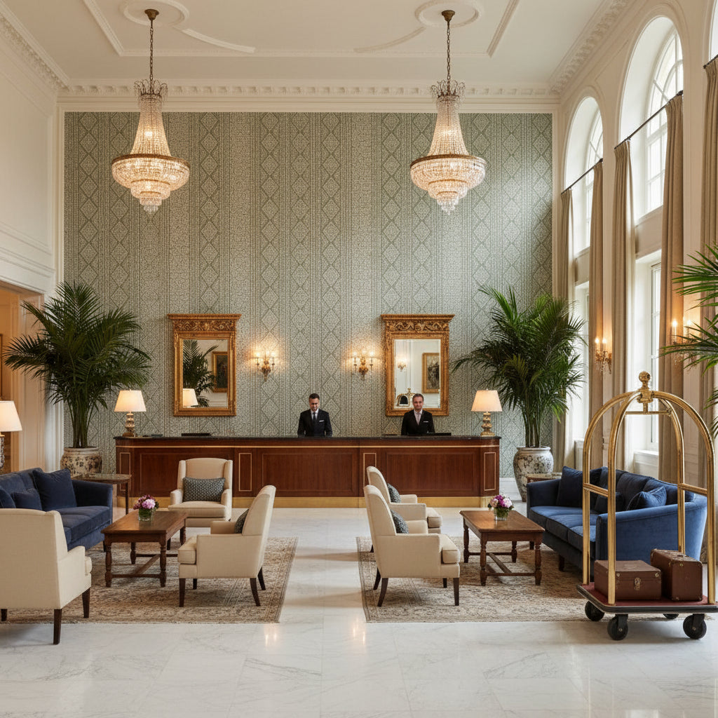 BFC-3701.23.0 | Kravet - Hotel Lobby Visualization (AI-generated, may not be to scale. Verify pattern scale with product specifications.)