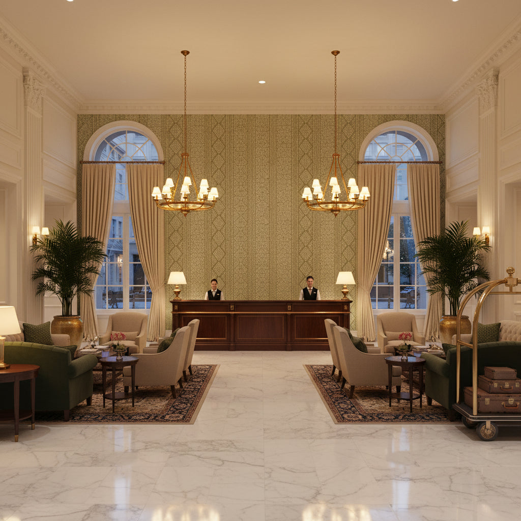 BFC-3701.3.0 | Kravet - Hotel Lobby Visualization (AI-generated, may not be to scale. Verify pattern scale with product specifications.)