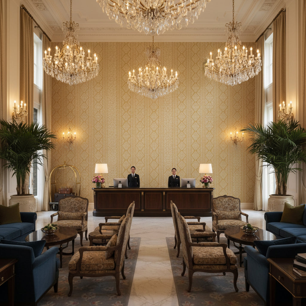 BFC-3701.4.0 | Kravet - Hotel Lobby Visualization (AI-generated, may not be to scale. Verify pattern scale with product specifications.)