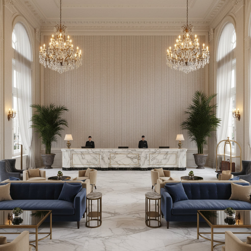 BFC-3704.110.0 | Kravet - Hotel Lobby Visualization (AI-generated, may not be to scale. Verify pattern scale with product specifications.)