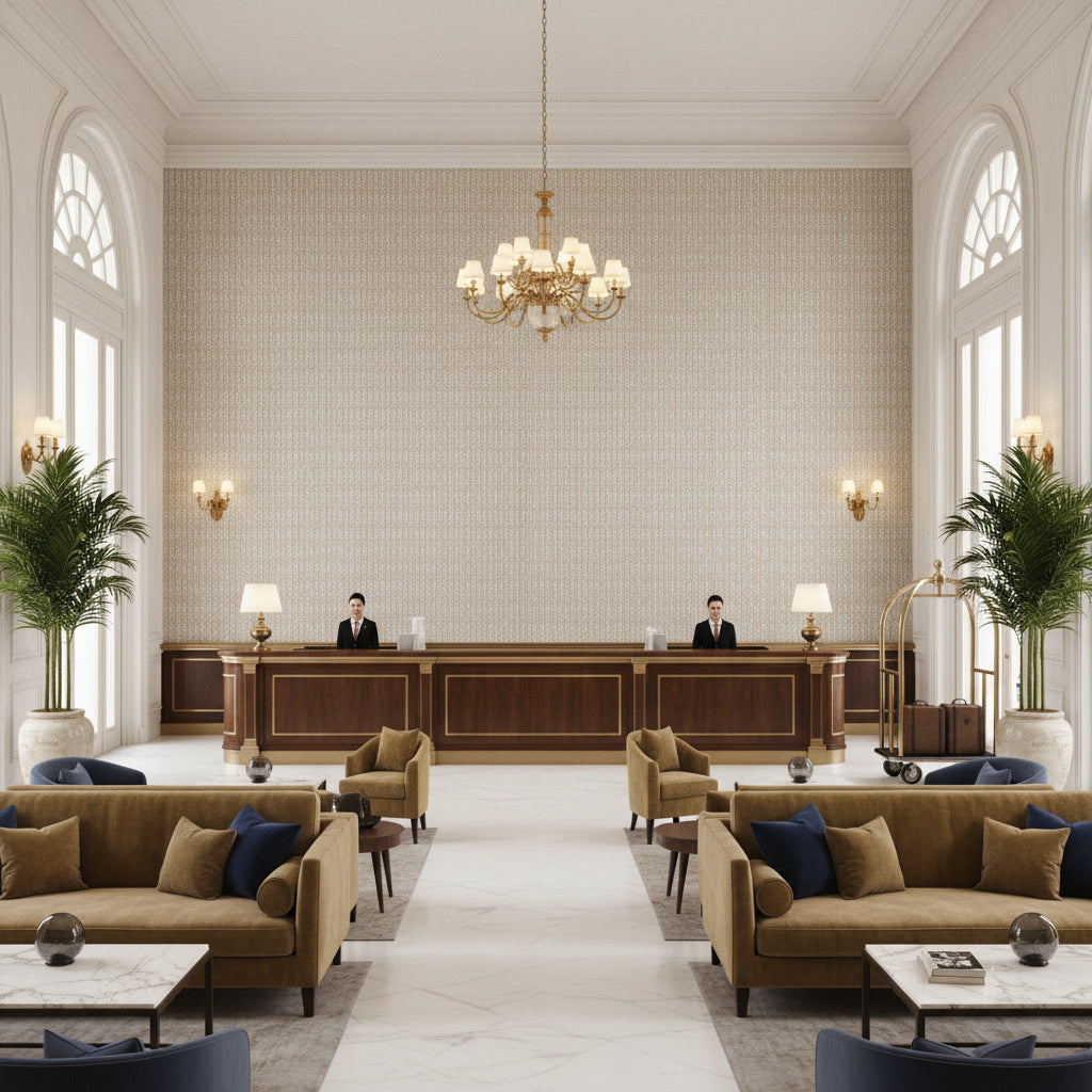 BFC-3707.106.0 | Kravet - Hotel Lobby Visualization (AI-generated, may not be to scale. Verify pattern scale with product specifications.)