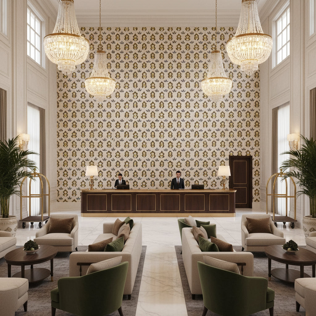 BFC-3708.630.0 | Kravet - Hotel Lobby Visualization (AI-generated, may not be to scale. Verify pattern scale with product specifications.)
