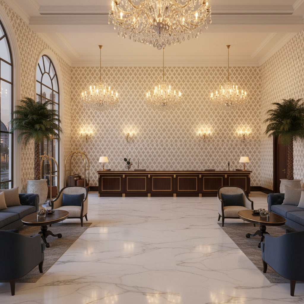 BP10793.1.0 | Kravet - Hotel Lobby Visualization (AI-generated, may not be to scale. Verify pattern scale with product specifications.)