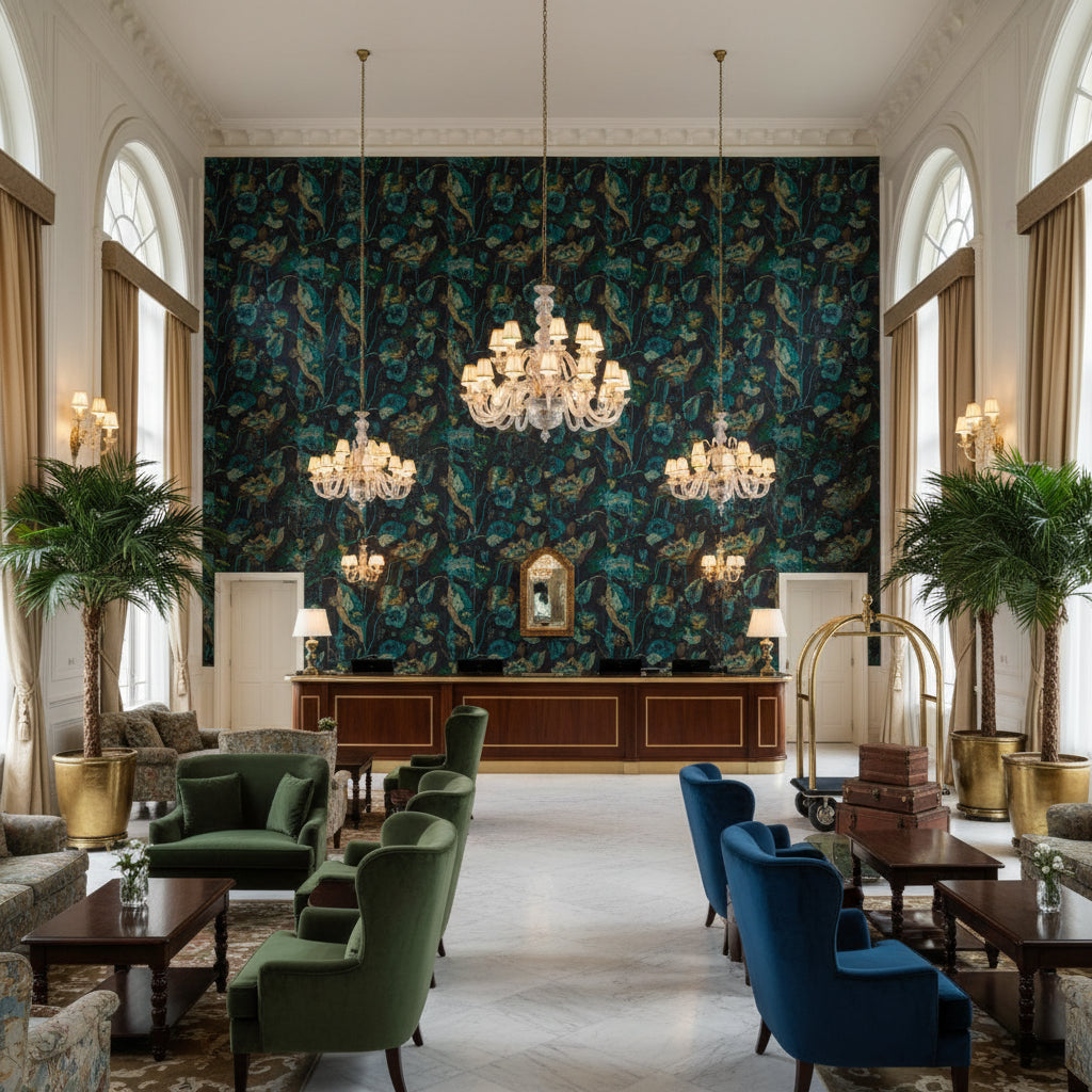 BP10813.1.0 | Kravet - Hotel Lobby Visualization (AI-generated, may not be to scale. Verify pattern scale with product specifications.)