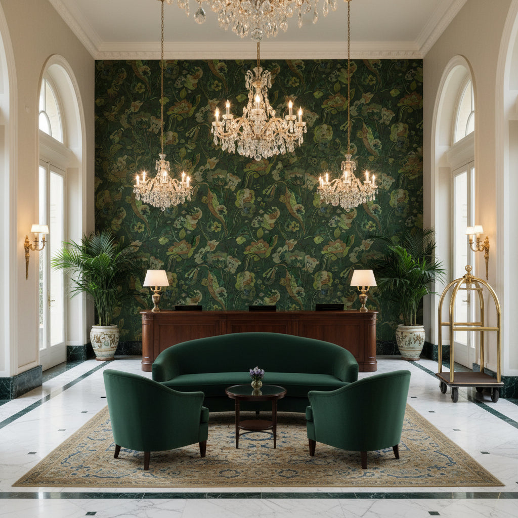 BP10813.2.0 | Kravet - Hotel Lobby Visualization (AI-generated, may not be to scale. Verify pattern scale with product specifications.)