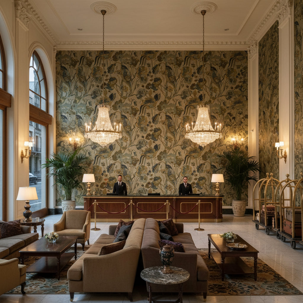 BP10813.5.0 | Kravet - Hotel Lobby Visualization (AI-generated, may not be to scale. Verify pattern scale with product specifications.)