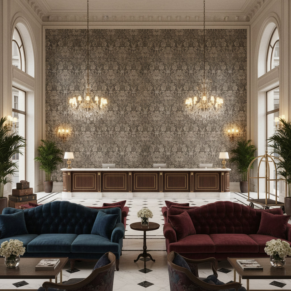 BP10829.4.0 | Kravet - Hotel Lobby Visualization (AI-generated, may not be to scale. Verify pattern scale with product specifications.)