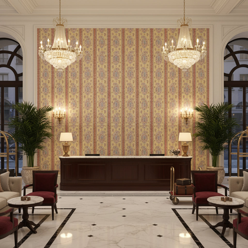 BP10831.1.0 | Kravet - Hotel Lobby Visualization (AI-generated, may not be to scale. Verify pattern scale with product specifications.)