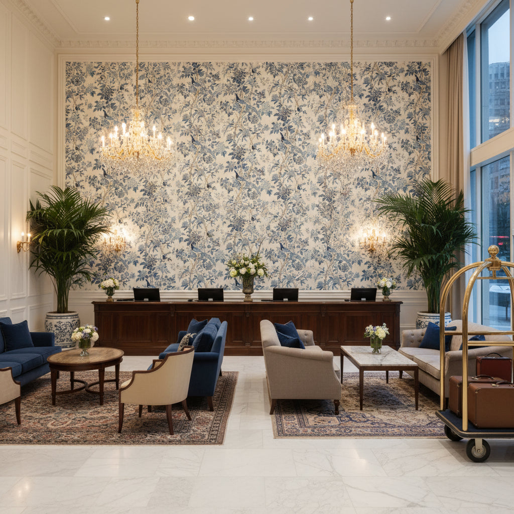 BP10851.1.0 | Kravet - Hotel Lobby Visualization (AI-generated, may not be to scale. Verify pattern scale with product specifications.)