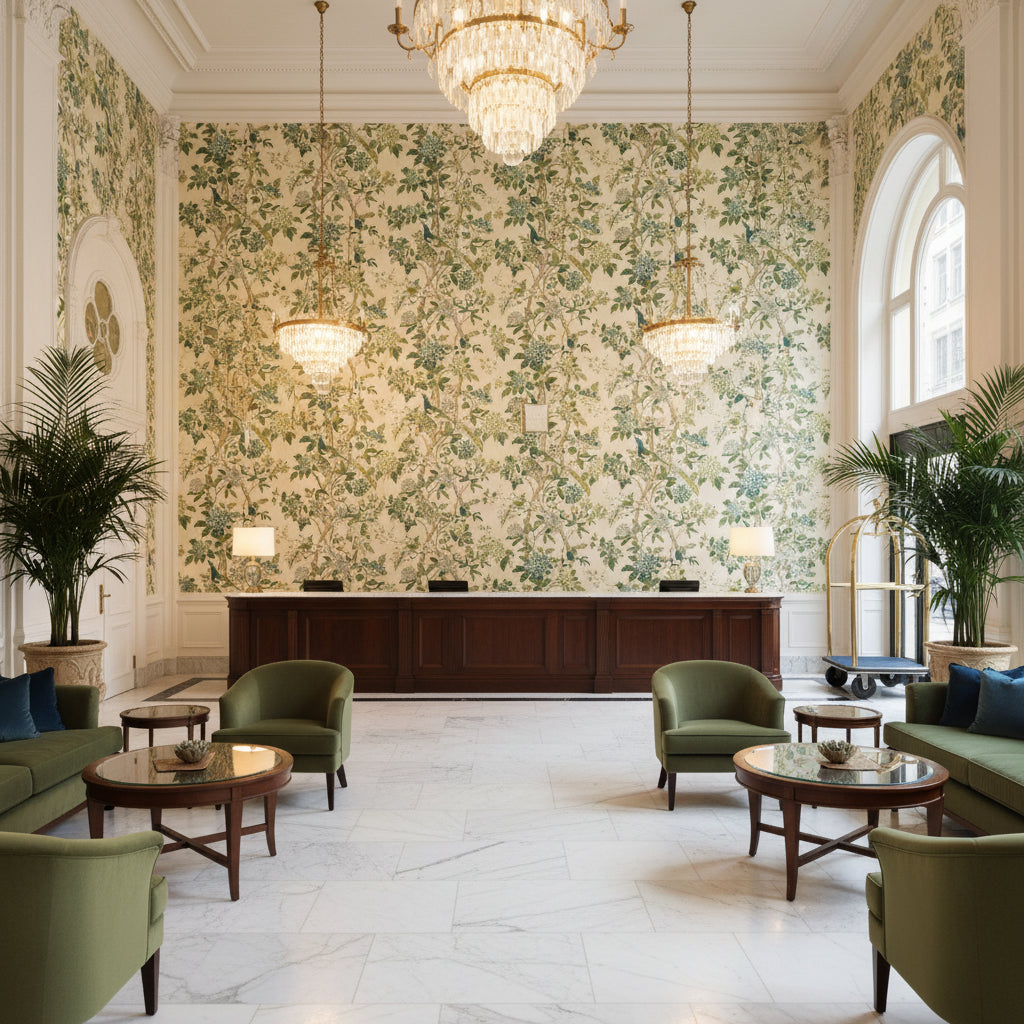 BP10851.2.0 | Kravet - Hotel Lobby Visualization (AI-generated, may not be to scale. Verify pattern scale with product specifications.)
