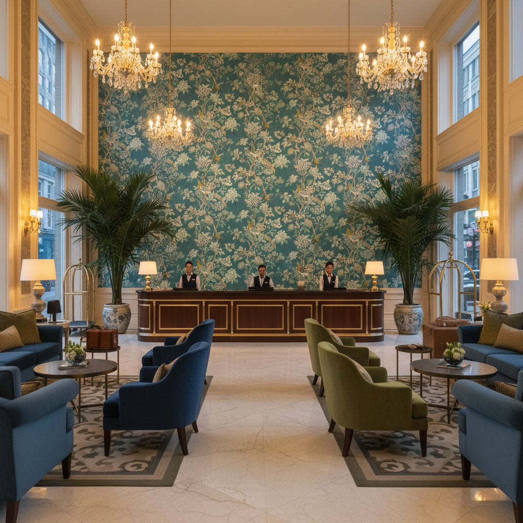 BP10851.5.0 | Kravet - Hotel Lobby Visualization (AI-generated, may not be to scale. Verify pattern scale with product specifications.)