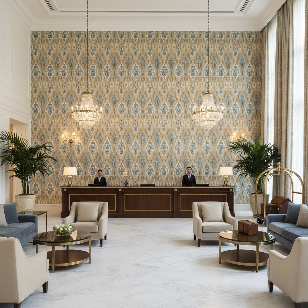 BP10853.2.0 | Kravet - Hotel Lobby Visualization (AI-generated, may not be to scale. Verify pattern scale with product specifications.)