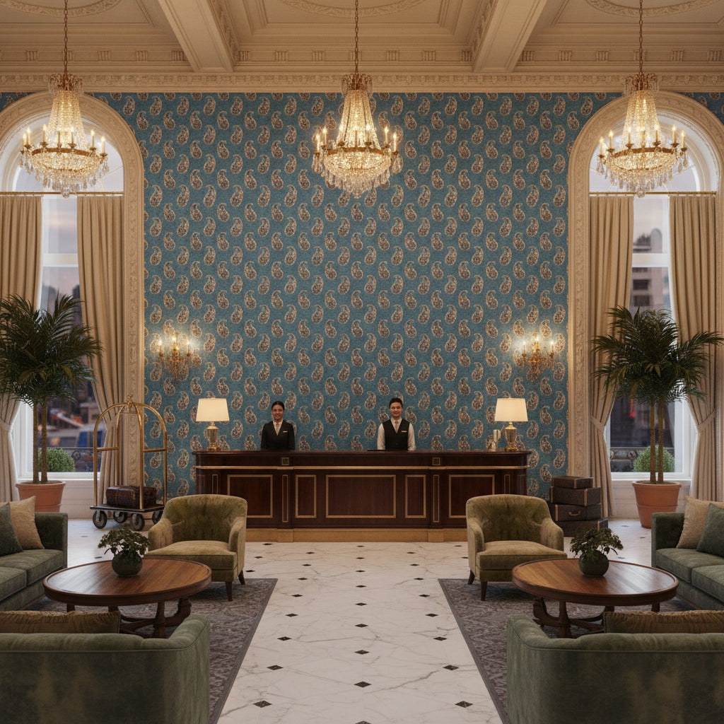 BP10930.3.0 | Kravet - Hotel Lobby Visualization (AI-generated, may not be to scale. Verify pattern scale with product specifications.)