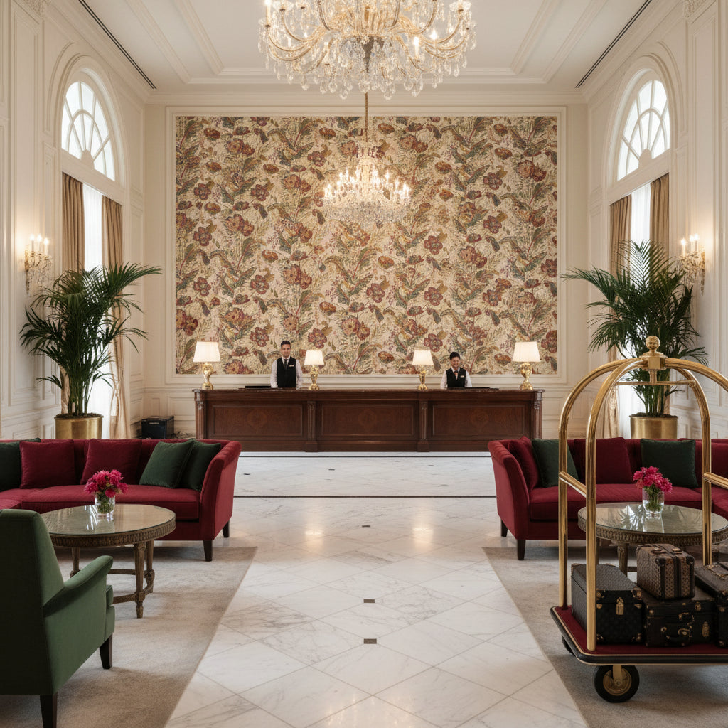 BP10938.2.0 | Kravet - Hotel Lobby Visualization (AI-generated, may not be to scale. Verify pattern scale with product specifications.)