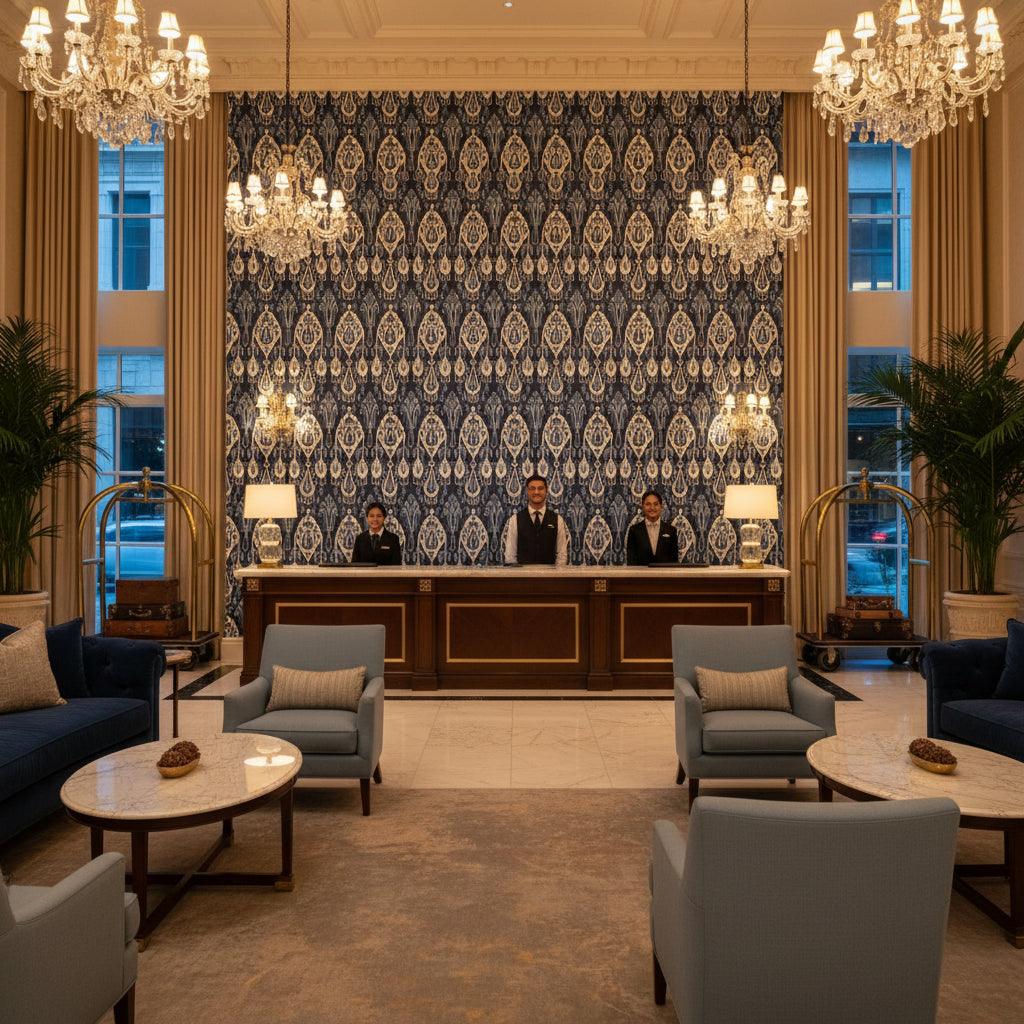 BP10939.1.0 | Kravet - Hotel Lobby Visualization (AI-generated, may not be to scale. Verify pattern scale with product specifications.)