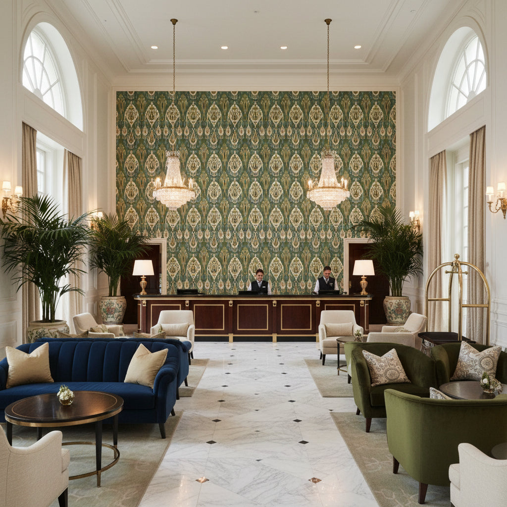 BP10939.2.0 | Kravet - Hotel Lobby Visualization (AI-generated, may not be to scale. Verify pattern scale with product specifications.)