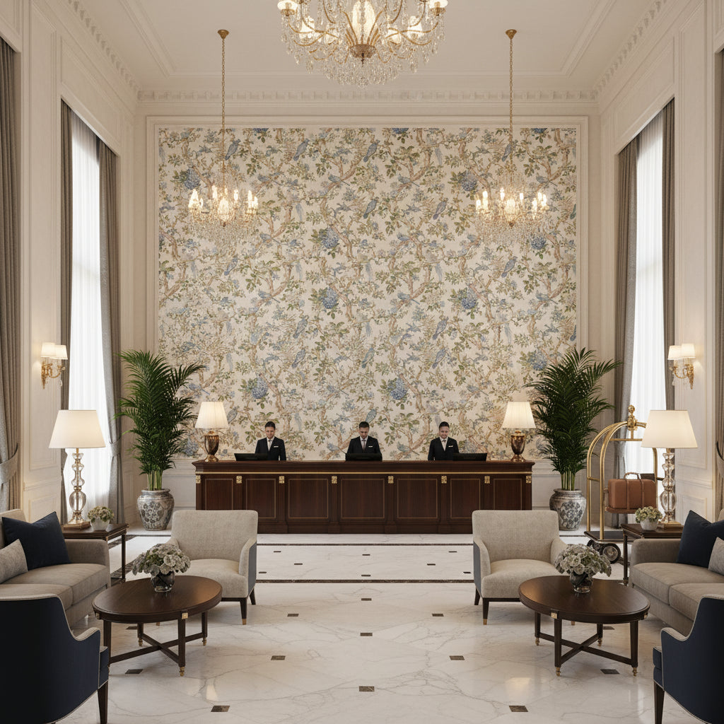 BP10948.1.0 | Kravet - Hotel Lobby Visualization (AI-generated, may not be to scale. Verify pattern scale with product specifications.)