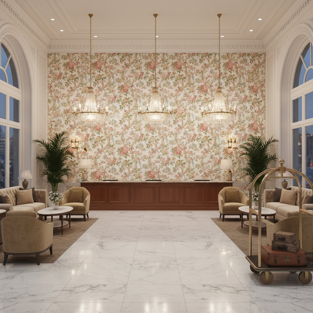 BP10948.3.0 | Kravet - Hotel Lobby Visualization (AI-generated, may not be to scale. Verify pattern scale with product specifications.)