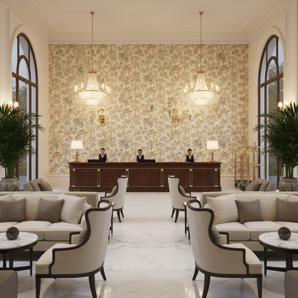 BP10948.4.0 | Kravet - Hotel Lobby Visualization (AI-generated, may not be to scale. Verify pattern scale with product specifications.)