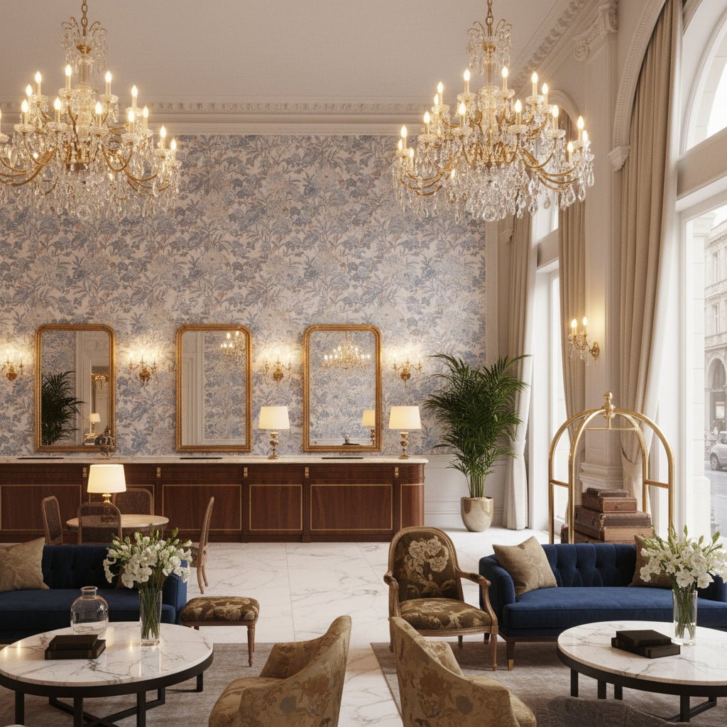 BP10950.1.0 | Kravet - Hotel Lobby Visualization (AI-generated, may not be to scale. Verify pattern scale with product specifications.)