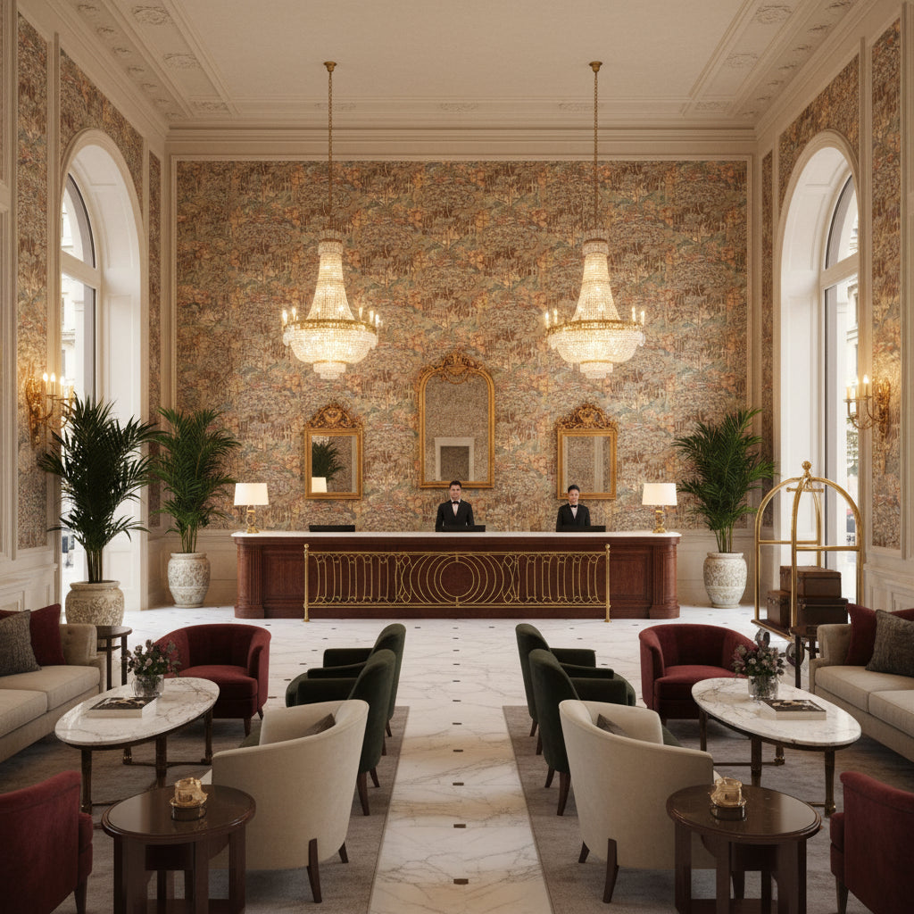 BP10971.2.0 | Kravet - Hotel Lobby Visualization (AI-generated, may not be to scale. Verify pattern scale with product specifications.)