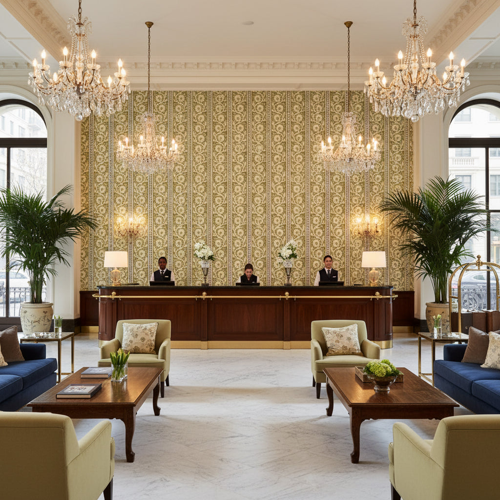 BP10999.2.0 | Kravet - Hotel Lobby Visualization (AI-generated, may not be to scale. Verify pattern scale with product specifications.)