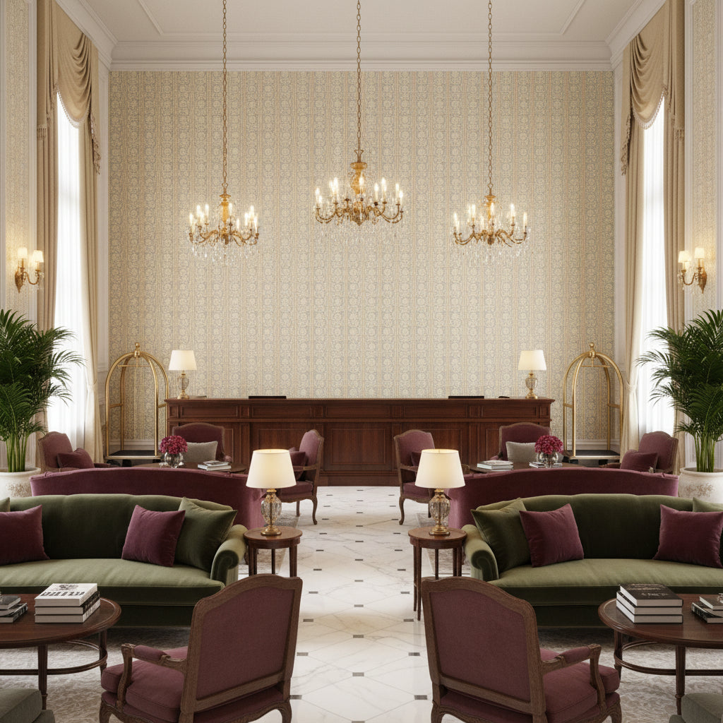 BP10999.4.0 | Kravet - Hotel Lobby Visualization (AI-generated, may not be to scale. Verify pattern scale with product specifications.)