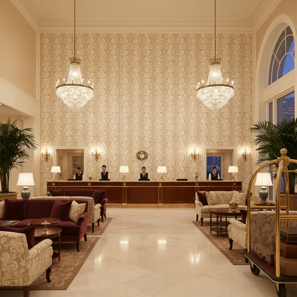 BP10999.8.0 | Kravet - Hotel Lobby Visualization (AI-generated, may not be to scale. Verify pattern scale with product specifications.)