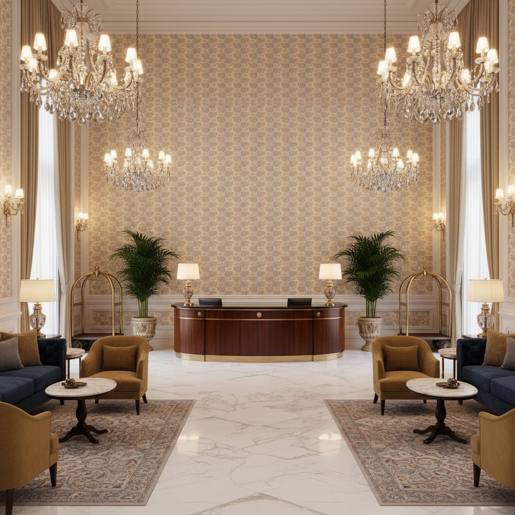 BP11000.5.0 | Kravet - Hotel Lobby Visualization (AI-generated, may not be to scale. Verify pattern scale with product specifications.)