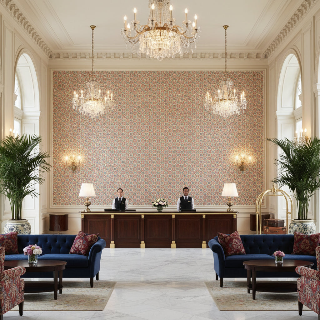 BP11001.1.0 | Kravet - Hotel Lobby Visualization (AI-generated, may not be to scale. Verify pattern scale with product specifications.)