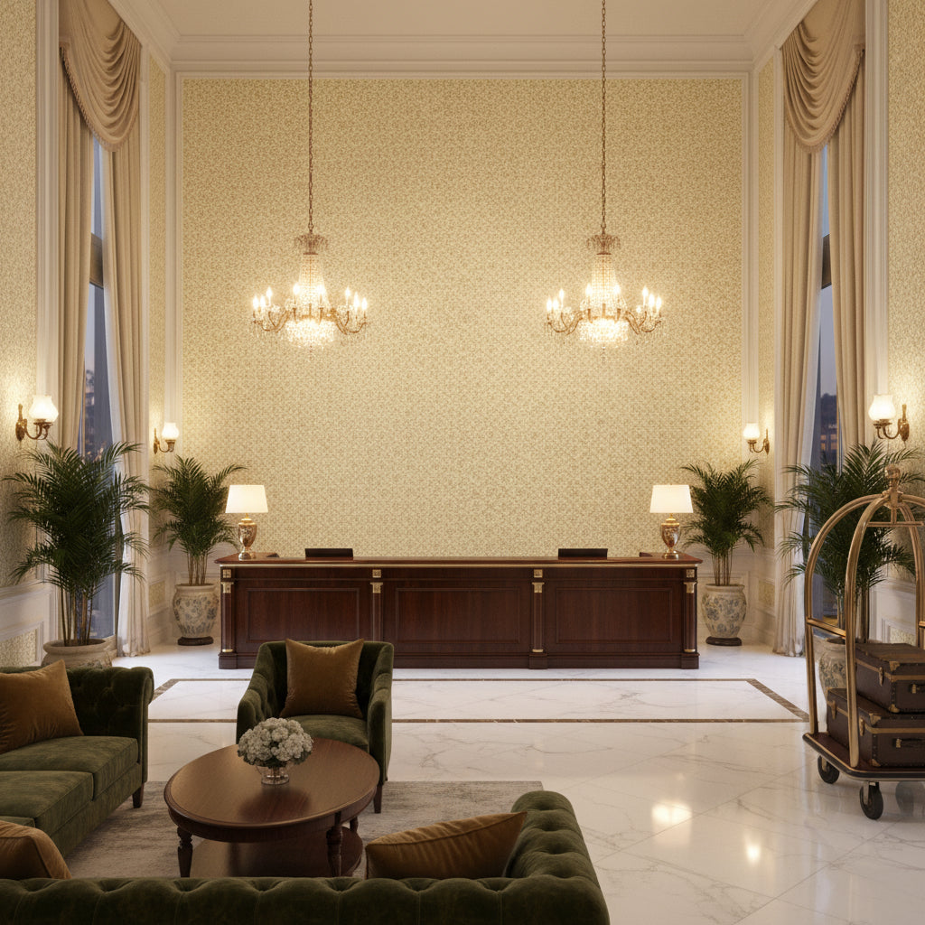 BP11001.2.0 | Kravet - Hotel Lobby Visualization (AI-generated, may not be to scale. Verify pattern scale with product specifications.)