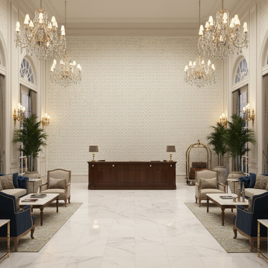BP11001.4.0 | Kravet - Hotel Lobby Visualization (AI-generated, may not be to scale. Verify pattern scale with product specifications.)