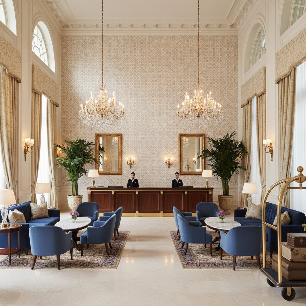 BP11001.5.0 | Kravet - Hotel Lobby Visualization (AI-generated, may not be to scale. Verify pattern scale with product specifications.)