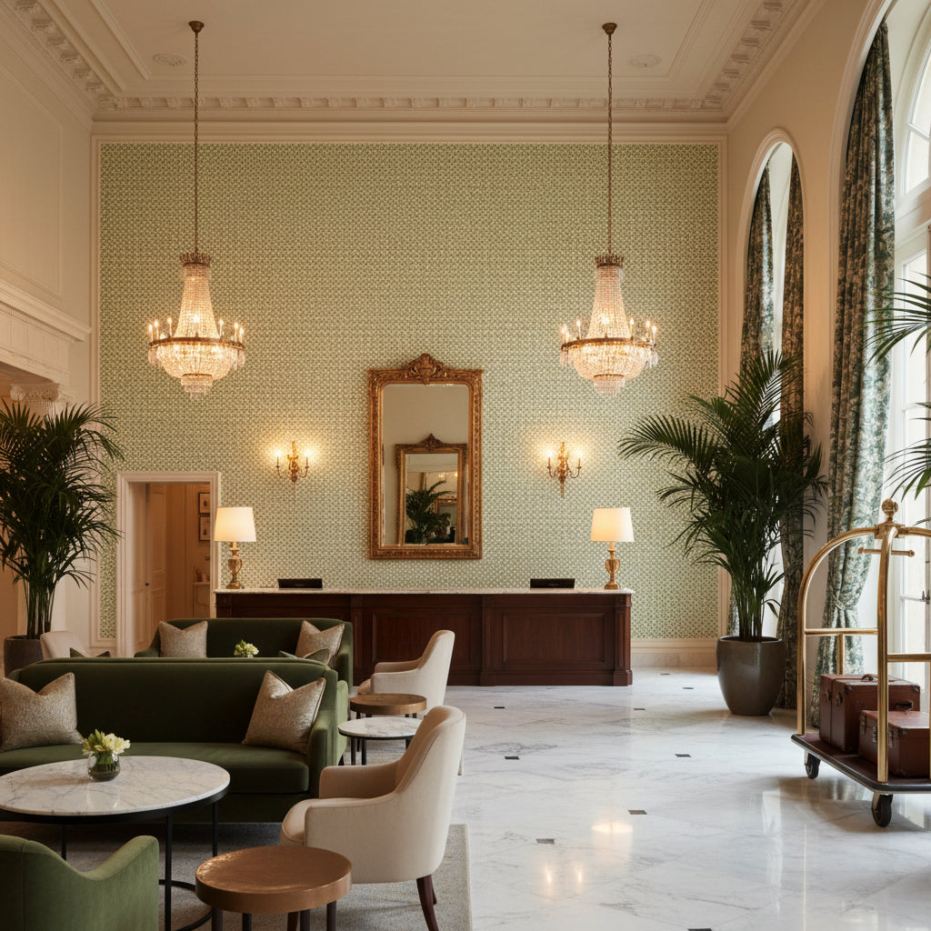 BP11004.735.0 | Kravet - Hotel Lobby Visualization (AI-generated, may not be to scale. Verify pattern scale with product specifications.)