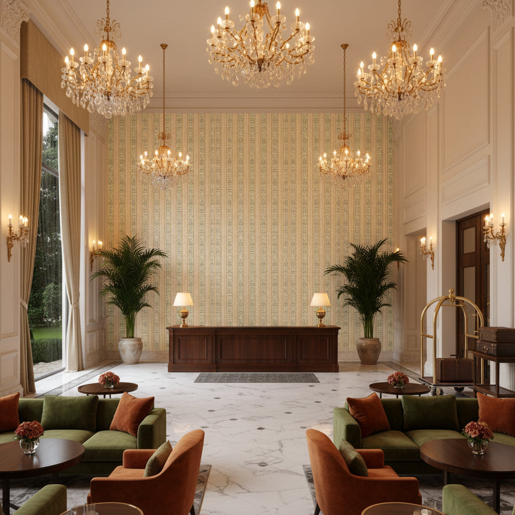 BP11050.1.0 | Kravet - Hotel Lobby Visualization (AI-generated, may not be to scale. Verify pattern scale with product specifications.)