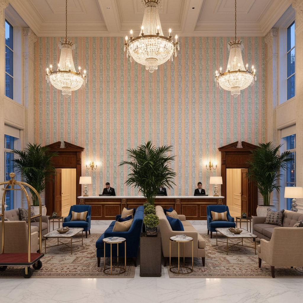 BP11050.5.0 | Kravet - Hotel Lobby Visualization (AI-generated, may not be to scale. Verify pattern scale with product specifications.)