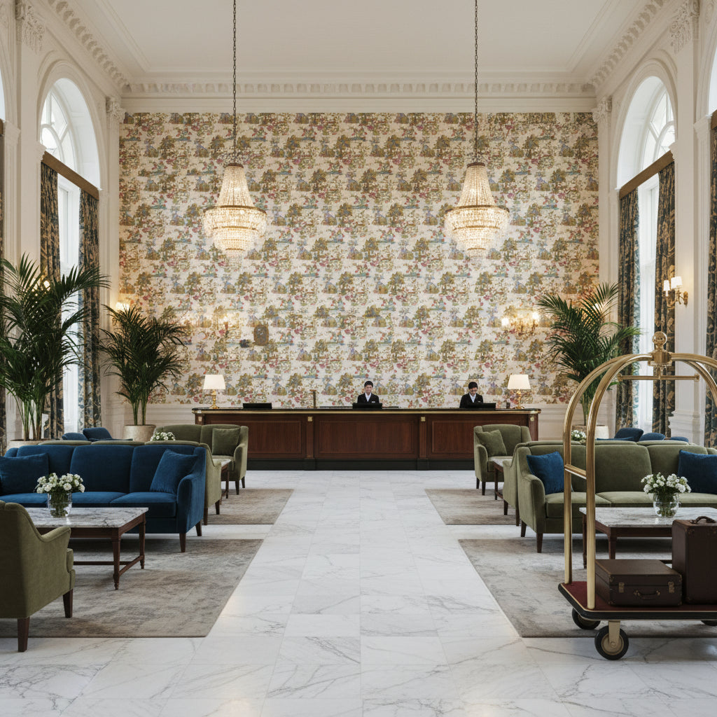 BP11058.1.0 | Kravet - Hotel Lobby Visualization (AI-generated, may not be to scale. Verify pattern scale with product specifications.)