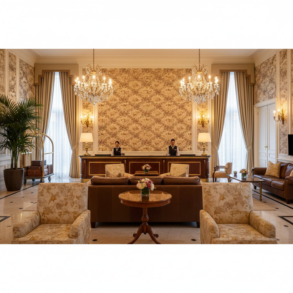 BR-70416.881.0 | Kravet - Hotel Lobby Visualization (AI-generated, may not be to scale. Verify pattern scale with product specifications.)
