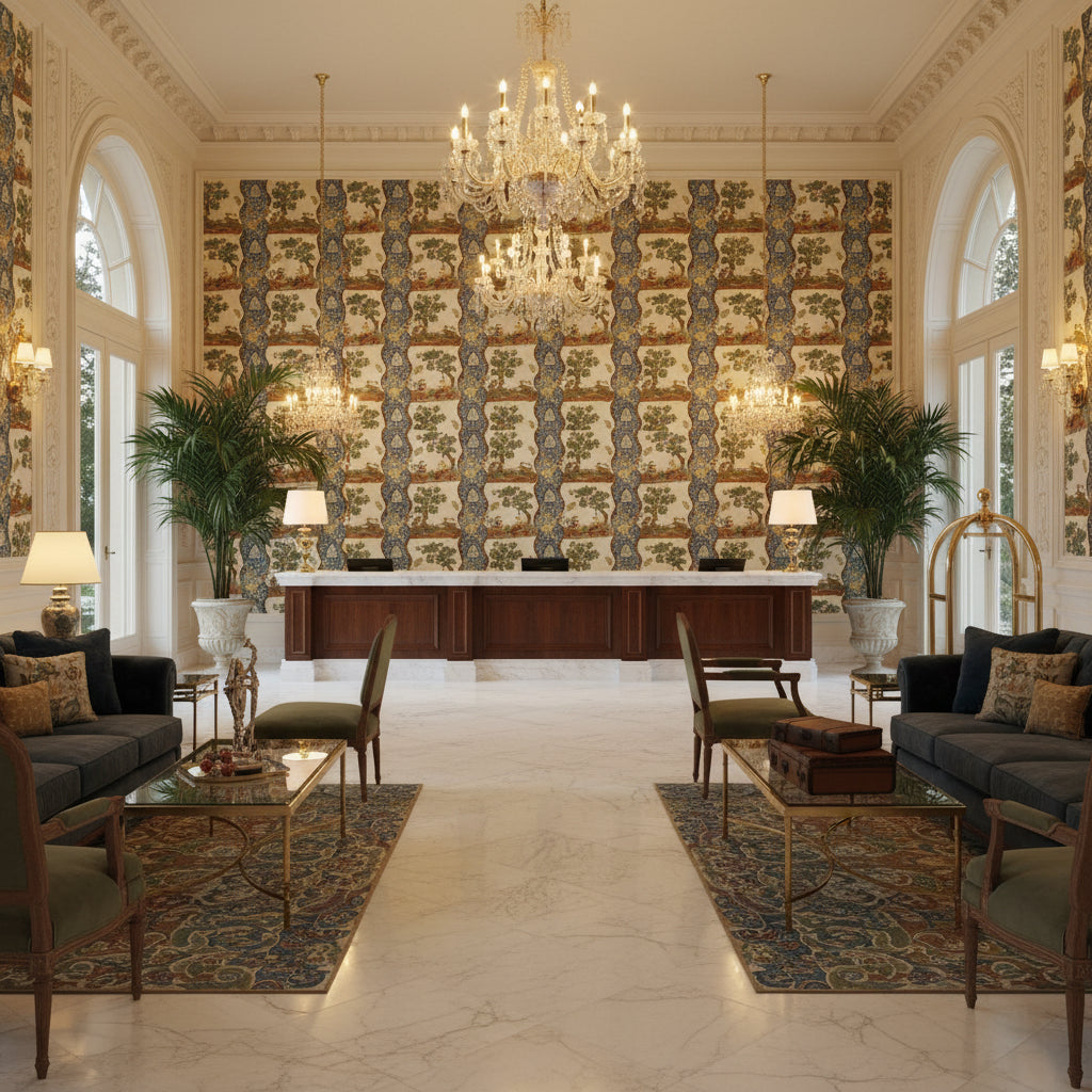 BR-71557.222.0 | Kravet - Hotel Lobby Visualization (AI-generated, may not be to scale. Verify pattern scale with product specifications.)