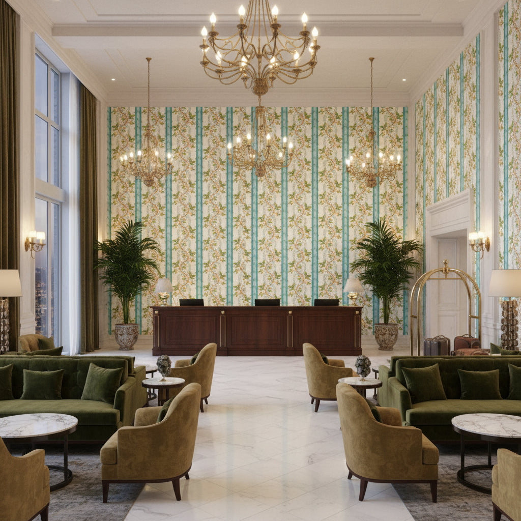 BR-79510.13.0 | Kravet - Hotel Lobby Visualization (AI-generated, may not be to scale. Verify pattern scale with product specifications.)