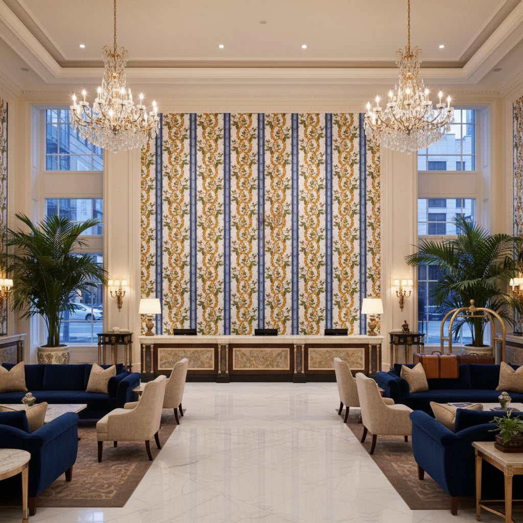 BR-79510.247.0 | Kravet - Hotel Lobby Visualization (AI-generated, may not be to scale. Verify pattern scale with product specifications.)