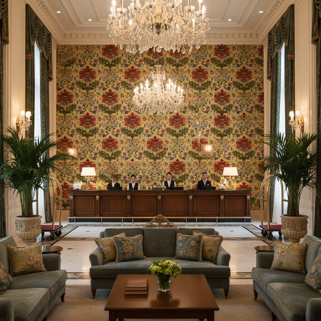 BR-79574.335.0 | Kravet - Hotel Lobby Visualization (AI-generated, may not be to scale. Verify pattern scale with product specifications.)
