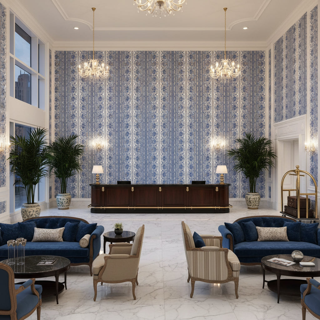 BR-79743.222.0 | Kravet - Hotel Lobby Visualization (AI-generated, may not be to scale. Verify pattern scale with product specifications.)