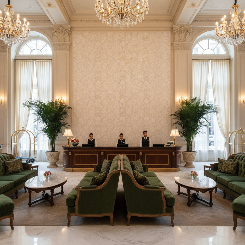 BR-81035.1.0 | Kravet - Hotel Lobby Visualization (AI-generated, may not be to scale. Verify pattern scale with product specifications.)